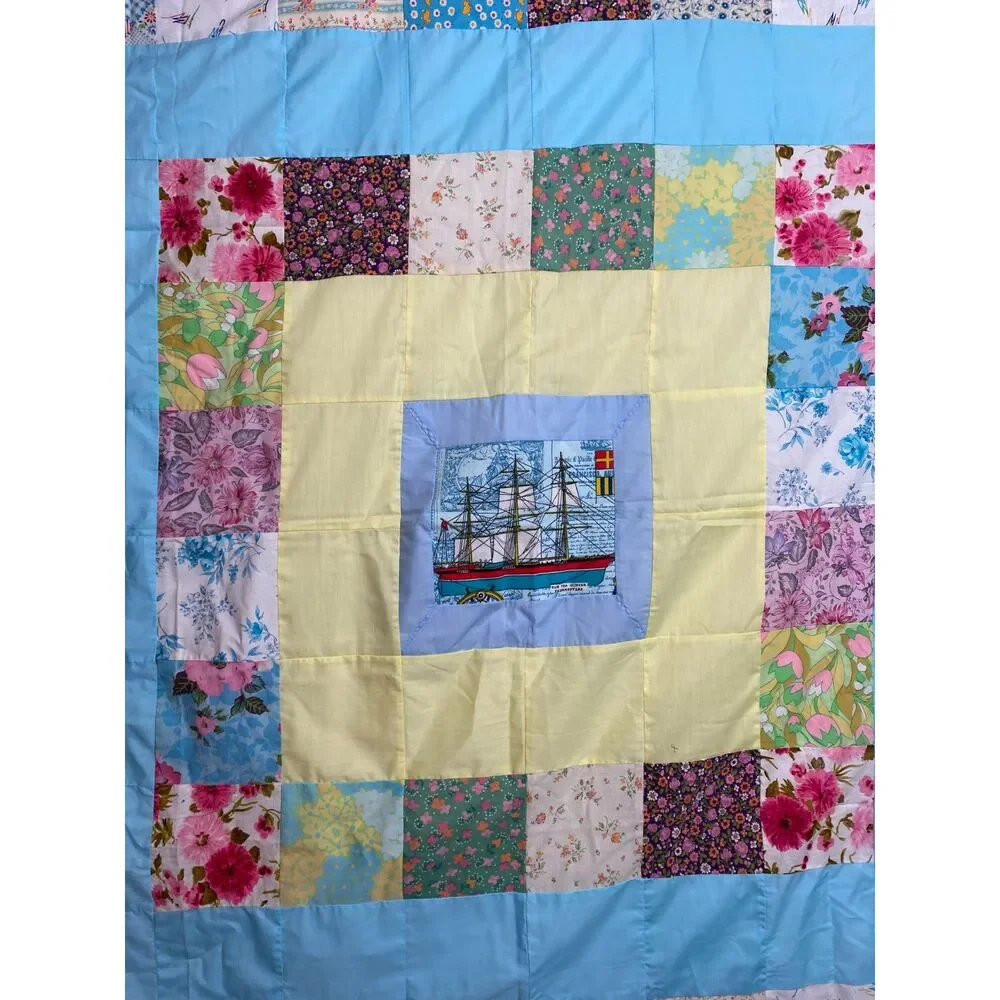 VTQ Patchwork Quilt Top Layer Mariner Sailing Ship 54x54